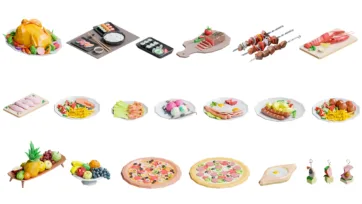 3D isometric prepared food dishes including roasted chicken, sushi sets, meat platters, kebabs, lobster and gourmet meal presentations