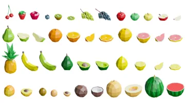 3D low poly geometric fruits set including apples, oranges, bananas, grapes, kiwi, watermelon and tropical fruits in isometric design