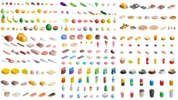 3D low poly food collection with fruits, vegetables, seafood, desserts, sushi, burgers, pizza and various meals in isometric style