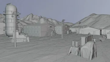 3D low poly wireframe modeling view of mining industrial facility with processing plants and mountain terrain