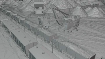 3D low poly wireframe modeling view of mining equipment including railway cars and excavator machinery