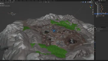 Blender software interface showing 3D low poly mining industry model with scene hierarchy and mountain landscape terrain