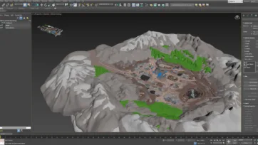 3ds Max software interface displaying 3D low poly mining industry scene with complete facility modeling and terrain development