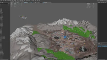 Maya software interface displaying 3D low poly mining industry model with detailed scene hierarchy and terrain