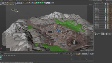 Cinema 4D software interface showing 3D low poly mining industry scene development with terrain and facilities