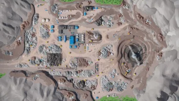 3D low poly top-down overview of complete mining facility with processing plants, storage areas and terrain features
