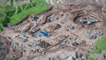 3D low poly aerial view of comprehensive mining operation with open pit, processing plant and forest surroundings