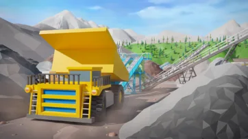 3D low poly yellow mining haul truck with conveyor bridge system in forested mountain mining landscape