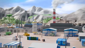 3D low poly mining industrial complex with worker housing, storage tanks and processing facilities in mountain valley