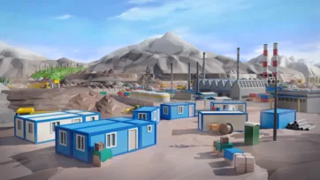 3D low poly blue mining worker accommodation camp with industrial processing facility and mountain backdrop