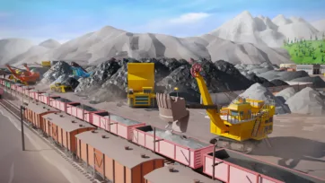 3D low poly mining railway freight cars being loaded by rope shovel excavator in mountainous quarry terrain