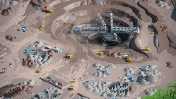 3D low poly dragline excavator in terraced open pit mine with conveyor systems and heavy machinery operations
