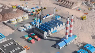 3D low poly mining power plant with red striped smokestacks, container storage and industrial processing facilities