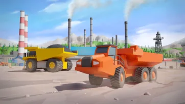 3D low poly yellow and orange mining haul trucks at industrial site with smokestacks and forest mountains