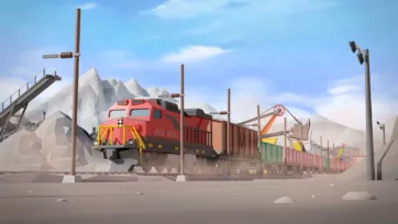 3D low poly red mining freight train locomotive with cargo cars traveling through mountainous mining region