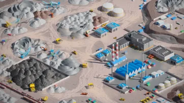3D low poly mining industrial facility with storage tanks, conveyor systems and comprehensive processing complex