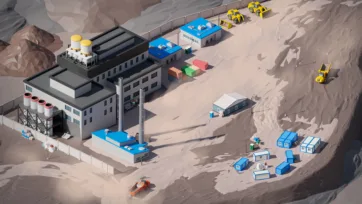 3D low poly mining processing plant with storage silos, worker accommodation and container storage areas