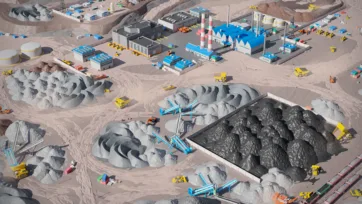 3D low poly mining industrial complex with processing plants, conveyor systems and railway infrastructure