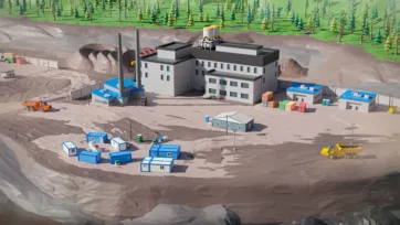 3D low poly mining processing facility with worker accommodation camp and forest landscape background