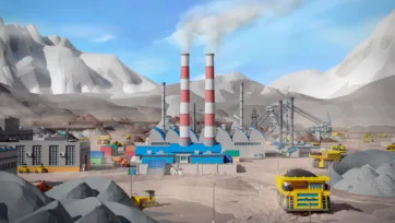 3D low poly mining power plant with red striped smokestacks and industrial facilities in mountainous terrain