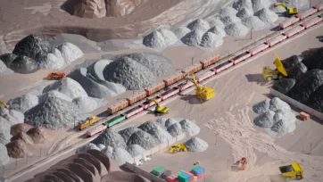 3D low poly mining railway with freight cars being loaded by excavator equipment in rocky quarry terrain