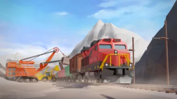 3D low poly red mining locomotive with freight cars and excavator equipment at mountainous mining site