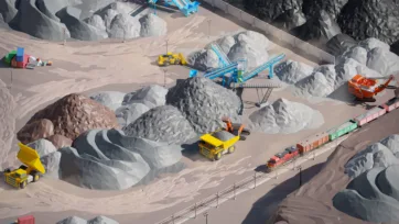 3D low poly mining site with multiple conveyor belt systems and railway transport for material handling