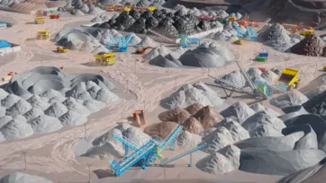 3D low poly mining quarry with blue conveyor belt systems and yellow haul trucks transporting materials