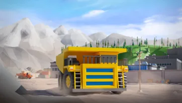 3D low poly yellow mining haul truck at mineral processing plant with conveyor systems and facilities