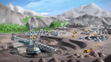 3D low poly overview of open pit mining quarry with dragline excavator and heavy machinery operations
