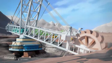 3D low poly mining dragline excavator with large bucket wheel system at mountainous mining operation