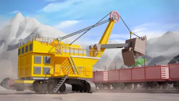 3D low poly mining rope shovel excavator loading material into railway freight cars at quarry site