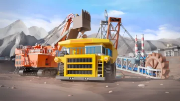 3D low poly electric mining shovel loading massive yellow haul truck at industrial mining site