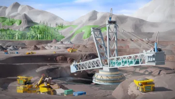 3D low poly mining dragline excavator working in open pit mine with haul trucks and mountainous terrain