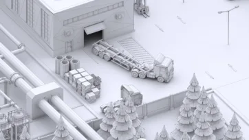 3D low poly wireframe industrial yard detail with heavy transport truck, storage containers and factory buildings