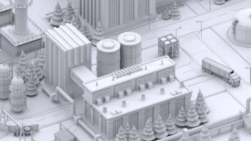 3D low poly factory complex wireframe model showing industrial buildings, storage tanks and container truck with clean geometry