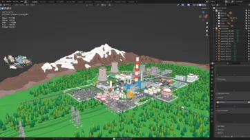 3D low poly industrial complex in Blender workspace with nuclear facilities, storage tanks and mountain terrain environment