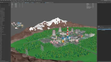 3D low poly industrial model in Maya viewport displaying complete factory complex with cooling towers and forest environment