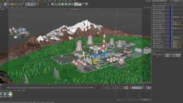3D low poly factory scene in Cinema4D editor showing industrial complex with nuclear towers and mountain landscape