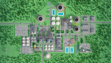 3D low poly industrial complex aerial top-down view showing cooling towers, buildings, solar panels and complete facility layout