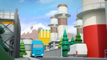 3D low poly power plant with multiple smokestacks, industrial buildings and blue truck in mountain environment