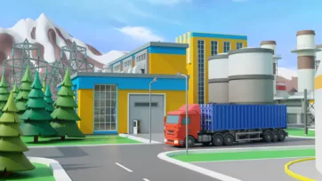 3D low poly industrial facility with red container truck, yellow and blue buildings and mountain landscape background