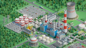 3D low poly mega industrial complex with nuclear cooling tower, storage facilities, parking area and comprehensive infrastructure in isometric view