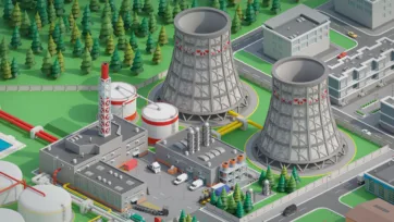 3D low poly nuclear facility with large concrete cooling towers, reactor buildings and yellow pipeline infrastructure in isometric view
