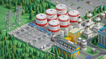 3D low poly oil refinery complex with large storage tanks, transmission towers and processing facilities in forest environment