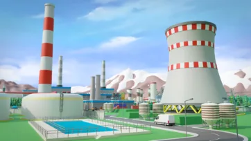 3D low poly detailed power plant with prominent cooling tower, smokestacks and industrial buildings against mountain backdrop