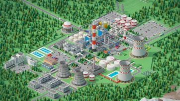 3D low poly complete power generation energy complex with multiple nuclear reactors, storage tanks and electrical infrastructure