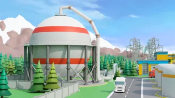 3D low poly nuclear reactor containment building with transmission towers and industrial infrastructure in mountain environment