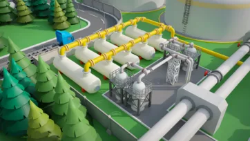3D low poly oil and gas pipeline infrastructure with yellow pipes, storage tanks and processing equipment in forest setting