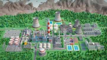 3D low poly nuclear power plant complex with cooling towers, reactor buildings and mountainous landscape in isometric perspective